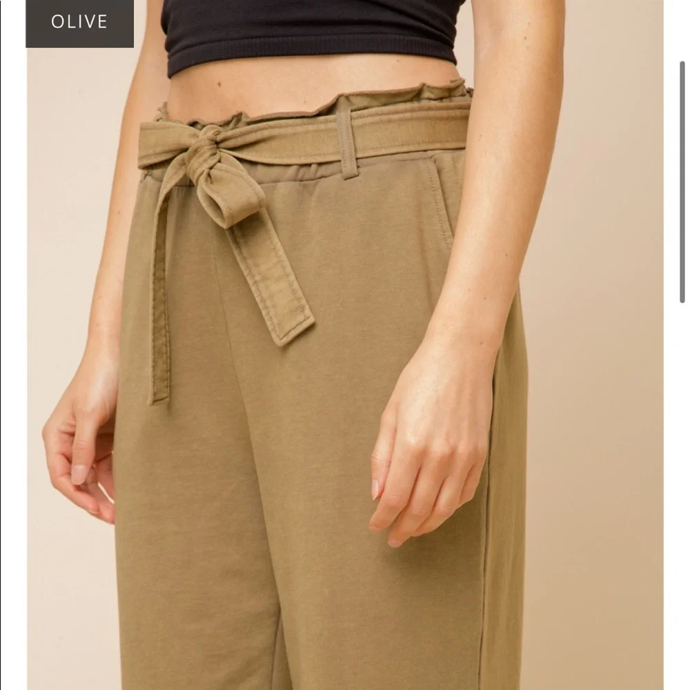 🆕Olive Green French Terry Paperbag Waist Tie High Waist Wide Leg Pants S,M & L - Picture 9 of 16